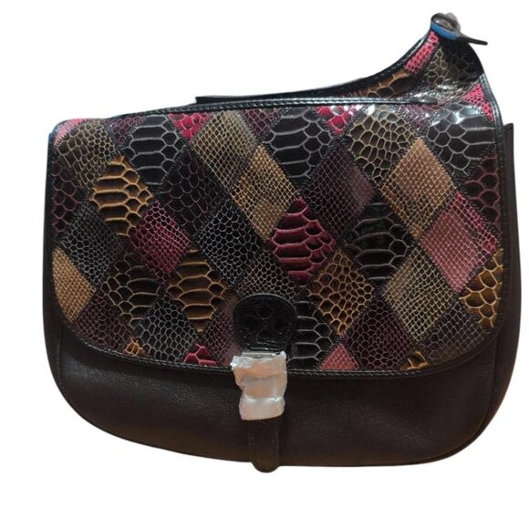 NWT Patricia Nash Purse Black Python Colorful Diamond Flap Leather Handbag - Picture 1 of 4